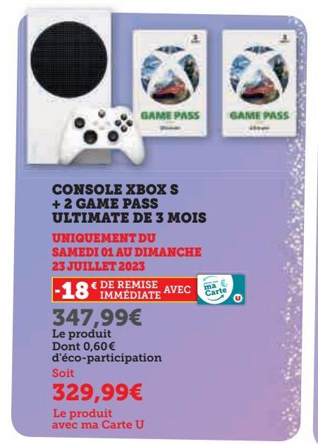 console xbox s + 2 game pass ultimate de 3 mois