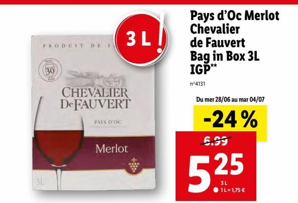 Pays d`Oc Merlot Chevalier de Fauvert Bag in Box 3L IGP