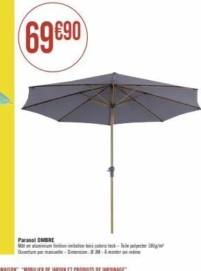 69690  parasol ombre  mat en aluminium finition imitation bois coloris teck-taile polyester 180g/m² ouverture par manivelle-dimension : 3m-amontroi-même 