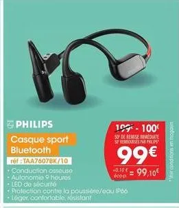 philips  casque sport bluetooth  ref: taa7607bk/10  • conduction osseuse  autonomie 9 heures  • led de sécurité  protection contre la poussière/eau p66  -léger confortable, résistant  10-100 so de rem