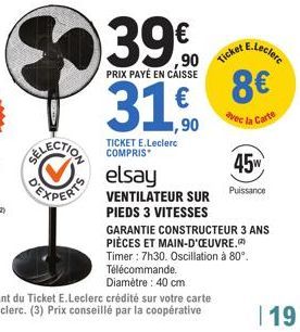 39€  PRIX PAYÉ EN CAISSE  31,90  TICKET E.Leclerc COMPRIS  elsay  VENTILATEUR SUR PIEDS 3 VITESSES  Ticket  E.Leclerc  8€  avec la Carte  45W  Puissance  | 19 