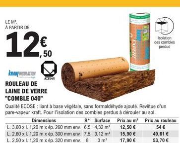 LE M², À PARTIR DE  KHADFINSULATION ACEMI  ROULEAU DE  LAINE DE VERRE  "COMBLE 040"  Dimensions  L. 3,60 x I. 1,20 mx ép. 260 mm env. 6,5 L. 2,60 x l. 1,20 mx ép. 300 mm env. 7,5 L. 2,50 x l. 1,20 mx 