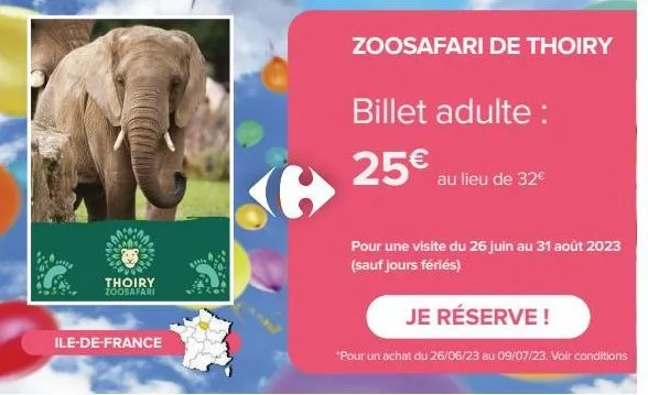thoiry zoosafari  ile-de-france  zoosafari de thoiry  billet adulte:  25€ au lieu de 32€  pour une visite du 26 juin au 31 août 2023 (sauf jours fériés)  je réserve !  *pour un achat du 26/06/23 au 09