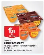 125  500 1.50€  danette  crème desserta)  prix  au choix: vanille, chocolat ou caramel. 4 x 125 g.  rer. 5000992/ret 5000903/5002110  prix $80 