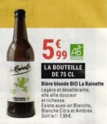 bière blonde BIO La Rainette