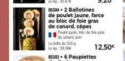 Foog  85304+2 Ballotines de poulet jaune, farce au bloc de foie gras de canard, cèpes Pakt jauni, boc do f  and one  La bote 500g Long: 320€  12,50€  
