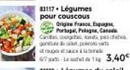 83117. Légumes pour couscous  Origine France, Espagn Portugal, Pologne, Canada  Cartas courgets, gada, ponovit trou sasa  6/7 suts-Lei 1kg 3,40€ 