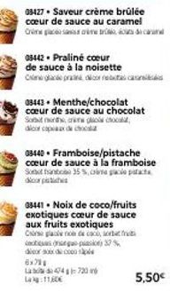 08427 Saveur crème brûlée coeur de sauce au caramel Criccard  08442. Praliné cœur de sauce à la noisette Oglace para  03443 Menthe/chocolat cœur de sauce au chocolat Sot dagscho  03440. Framboise/pist