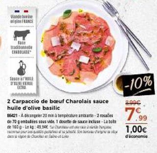 Viande boeie origiFRANCE  Face tradition CHARBLARE  Sace DECLINE VERGE ECRA  2 Carpaccio de bœuf Charolais sauce huile d'olive basilic  86421-A discongeler 20 min à température ambiante-2 rosaces de 7