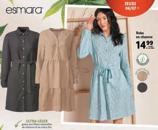 esmara  ultra-léger  grâce aux fibres naturelles de chanvre et au coton bio  jeudi 06/07 (1)  robe en chanvre  74  ***  content  bland  l'uni  