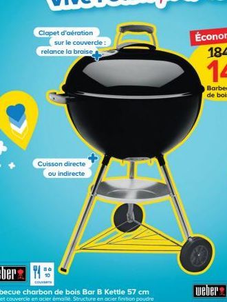 Clapet d'aération  sur le couvercle: relance la braise  Cuisson directe ou indirecte  COUVERT 