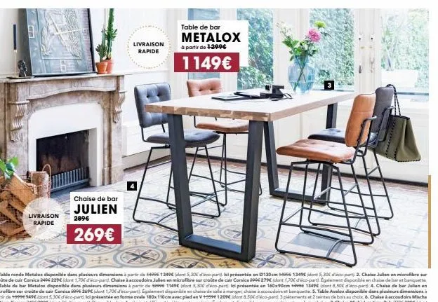 livraison rapide  chaise de bar  julien  2896  269€  livraison rapide  table de bar  metalox  à partir de 1299€  1149€ 