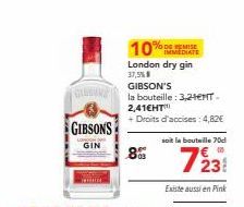 GARENNE  GIBSONS  GIN  10  London dry gin  37,5%8  GIBSON'S  la bouteille : 3,21€NT. 2,41€HT  + Droits d'accises: 4,82€  % DE REMISE  soit la bouteille 70d  89 7231  Existe aussi en Pink  