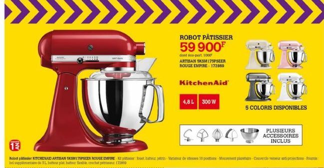 Robot pâtissier KITCHENAID ARTISAN SKSM175PSEER ROUGE EMPIRE per boot batur petr-Variateur de vitesses 10 postions-Mouvement plantat-Couvercle veurant projections Fournis bol supplementate de 31. batt