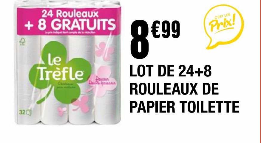 Lot de 24+8 rouleaux de papier toilette