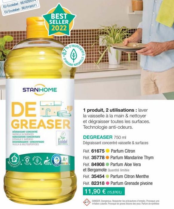 MWAS  STANHOME  BEST SELLER  2022  DEGRAISSANT CONCENTRE VAISSELLE & SURFACES SGRASSATORE CONCENTRATO STOVIGLIE E SUPERFICI DESENGRASANTE CONCENTRADO VAJILLA & MULTISUPERFICIES  Lem  +87  DETS  GREASE