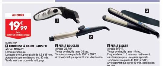 AU CHOIX  1999  Den 8.38 Cde cote recyclage  REMINGTON  TONDEUSE À BARBE SANS FIL Modèle MB340C. Lames céramiques. Longueur de coupe réglable de 1,5 à 18 mm. Autonomie à pleine charge : env. 40 min. V