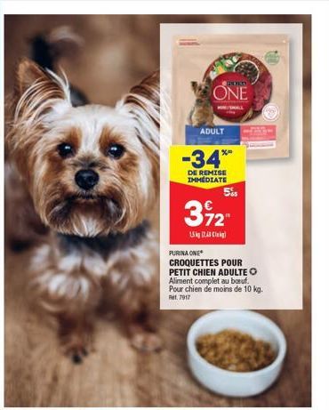 ADULT  -34**  DE REMISE IMMEDIATE  ONE  372  15kg 17,48 Cl  PURINA ONE  CROQUETTES POUR PETIT CHIEN ADULTE O Aliment complet au bouf. Pour chien de moins de 10 kg.  Ret 7017  5% 