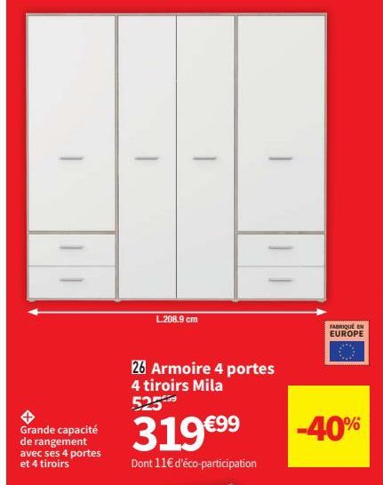 armoire 4 portes 4 tiroirs Mila