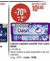 2⁰  SUR LE  SOIT PAR 2 L'UNITÉ  -70% 10040  PARCOU  Dash 5X  Lessive capsules envolée d'air Lenor DASH  x 30 (582 g)  Autres variétés ou poids disponibles à des prix différents  Le kg: 27647-L'unité: 