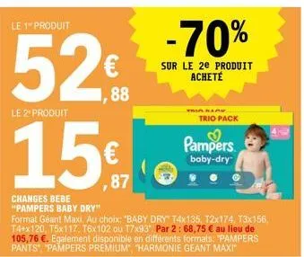 le 1 produit  52€  le 2 produit  -70%  sur le 2e produit acheté  this blak  trio pack  pampers  baby-dry 