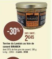 -30%"  SOIT L'UNITE:  2€45  Terrine du Landais au foie de canard BIRABEN  dont 20% de foie gras de canard, 180 g Le kg: 13661-L'unité: 3650  BERABE Tesine du Landas 