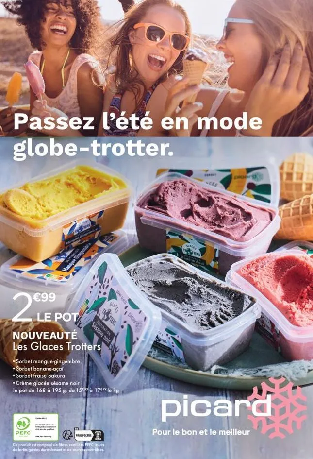 passez l'été en mode  globe-trotter.  €99  834 ters  pa  pefc  www  embre  sorbet mangue-gingembre  •sorbet banane-açaï  • sorbet fraise sakura  mangue ginger  mestination  manque gingembre  le pot  n