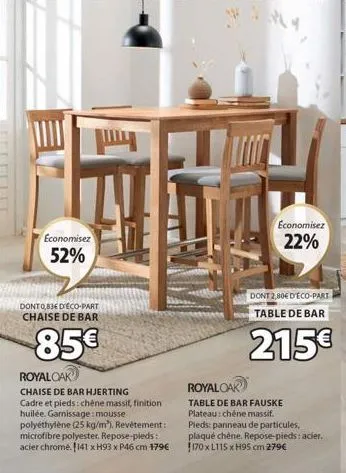 economisez  52%  dont 0,83€ d'éco-part chaise de bar  85€  royal oak  chaise de bar hjerting cadre et pieds: chêne massif, finition huilée, garnissage: mousse polyéthylène (25 kg/m³). revêtement: micr