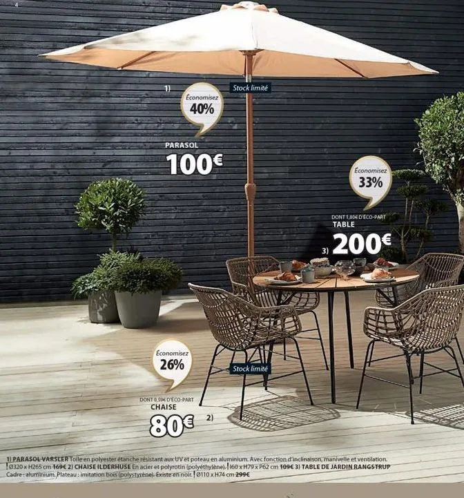 economisez  40%  parasol  100€  economisez  26%  dont 0,59€ d'eco-part chaise  80€  2)  stock limité  1) parasol-varsler toile en polyester étanche résistant aux uv et poteau en aluminium. avec foncti