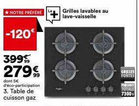 *NOTRE PRÉFÉRÉ  -120  399  27999  dont 5€ d'éco-participation 3. Table de cuisson gaz  Grilles lavables au lave-vaisselle  0000  GRILLES FONTES  PUBSANCE  TOTALE 7300 