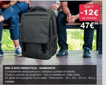 sac à dos paracycle-samsonite  compartiment rembourré pour ordinateur portable et tablette plusieurs poches de rangement - dos et bretelles en maille aérée se glisse sur la poignée d'une valise - dime