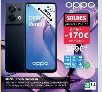 oppo reno8  fhd+  oppo  smartphone reno8 5g  #8547854-indice das 0,960 w/kg (téte) 1,288w/kg (corps) 2,756 w/kg (membres) - dont 0,02€ d'éco-part. et 14€ rcp  6,43"  oppo  soldes  jusqu'au 25/07! 529€