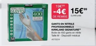 quiered  m  nitrile exam  gloves  kirkland  400  wall forme gloves  m  19€ 99  99  -4€ 15€ 9⁹  de remise 0.04€/  gants en nitrile professionnels kirkland signature boite de 400 gants en nitrile taille