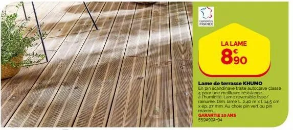24  pariquin  france  lame de terrasse khumo  en pin scandinave traité autoclave classe 4 pour une meilleure résistance  à l'humidité. lame réversible lisse/ rainurée dim lame l 2.40 m x l 145 cm x ép