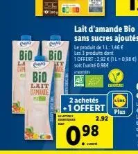 pag  bio  dam  ewly  bio  wa hit  ande  bio  lait wamance  leloto  qu  2 achetés +1 offert  una  2.92  98  lait d'amande bio sans sucres ajoutés  le produit de 1l: 146 € les 3 produits dont  1 offert:
