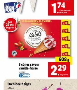 lait ORIGINE FRANCE  Soit  29 cts  la glace  W123736 Produt  BON  Gelati  PREMIUM ICE CREAM  8 cônes saveur vanille-fraise  STRAWBERRY FLAVOUR- VANILLA  LE PRODUIT  XXXL  XOXIL  XXXL  XXL  2.29  608 g