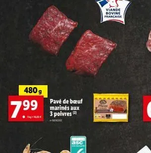 480 g  7⁹⁹9⁹  pavé de bœuf marinés aux 3 poivres (2)  5616202  asc  viande bovine française  mannes 