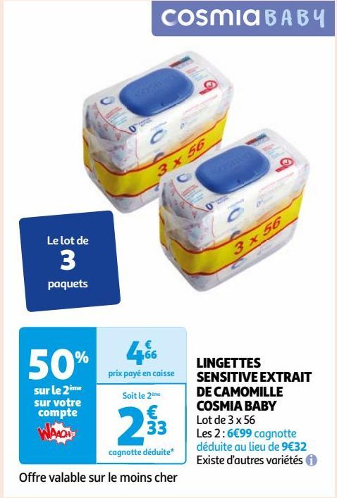 LINGETTES SENSITIVE EXTRAIT DE CAMOMILLE COSMIA BABY