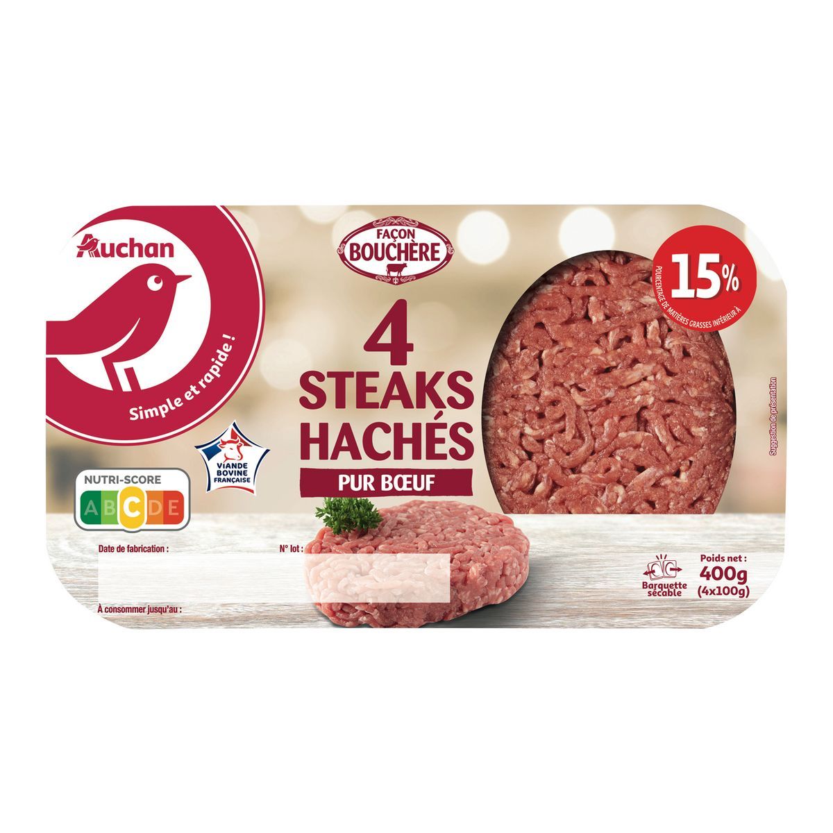 4 STEAKS HACHÉS PUR BŒUF FAÇON BOUCHÈRE AUCHAN