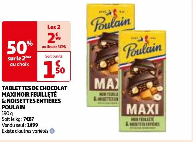 tablettes de chocolat maxi noir feuilleté & noisettes entières poulain