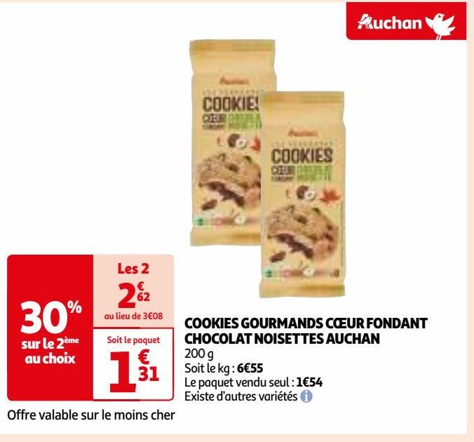 COOKIES GOURMANDS CŒUR FONDANT CHOCOLAT NOISETTES AUCHAN