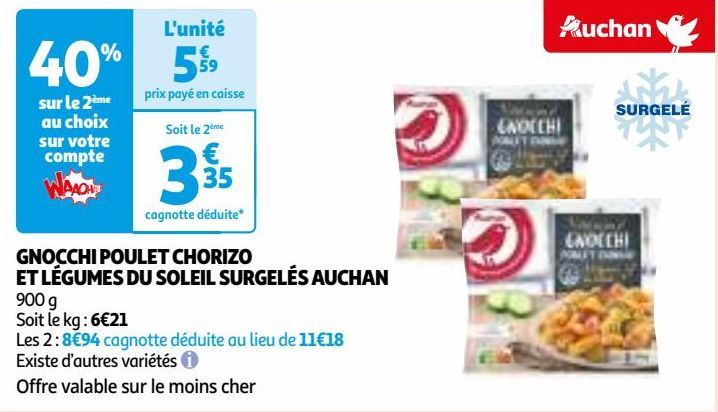 GNOCCHI POULET CHORIZO ET LÉGUMES DU SOLEIL SURGELÉS AUCHAN