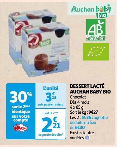 DESSERT LACTÉ AUCHAN BABY BIO