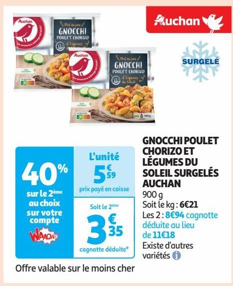 GNOCCHI POULET  CHORIZO ET  LÉGUMES DU  SOLEIL SURGELÉS  AUCHAN