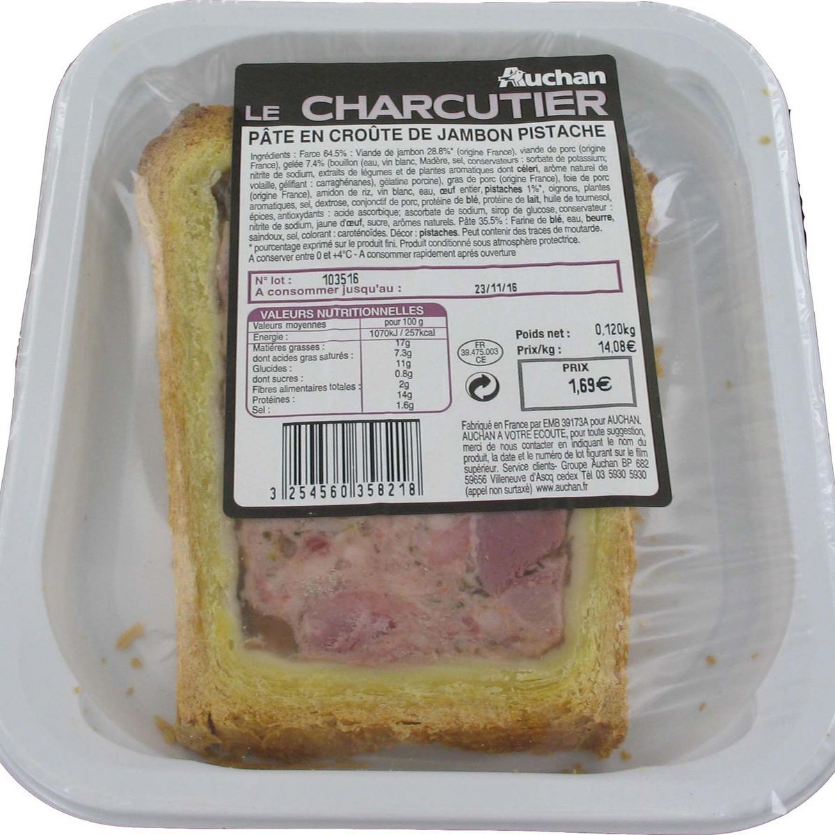 PÂTÉ EN CROÛTE  JAMBON  PISTACHE  AUCHAN LE  CHARCUTIER