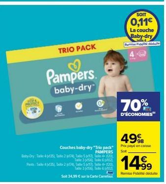 PROTECT  Couches baby-dry "Trio pack" PAMPERS  Baby Ory Tail 4(x115), Tallie 2 (174) Taille 5, Tal4+20)  Tan 3 od56) Tal 602)  TRIO PACK  Parts Taile 4 (135)Tale 2 p24), Talle 5  Pampers.  baby-dry™  