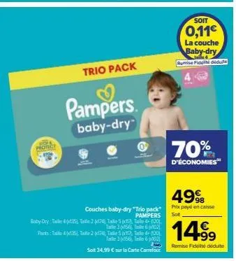 protect  couches baby-dry "trio pack" pampers  baby ory tail 4(x115), tallie 2 (174) taille 5, tal4+20)  tan 3 od56) tal 602)  trio pack  parts taile 4 (135)tale 2 p24), talle 5  pampers.  baby-dry™  