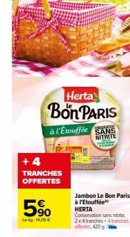 Herta Bon PARIS  à l'Etouffée SANS  CONSERVATIO  NITRITE  +4  TRANCHES OFFERTES  5⁹0  Lekg: 14,05 €  HERTA Conservation sans trite 2x4 tranches 4tranches offertes, 420 g 