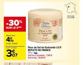 -30%  SUR LE 2 ME  Vendu se  49  Lekg: 31.30€ Le 2 produ  307  Refles France  Fleur Sel  do Guérande IGP  Ric  Fleur de Sel de Guérande I.G.P. REFLETS DE FRANCE 140 g.  Sait les 2 produits : 7,46 € So