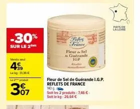 -30%  sur le 2 me  vendu se  49  lekg: 31.30€ le 2 produ  307  refles france  fleur sel  do guérande igp  ric  fleur de sel de guérande i.g.p. reflets de france 140 g.  sait les 2 produits : 7,46 € so